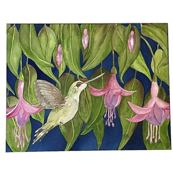 PAINTING WATERCOLOR ORIGINAL ART HUMMINGBIRD FLOWER FUCHSIA PINK 11X14 MAT 16X20